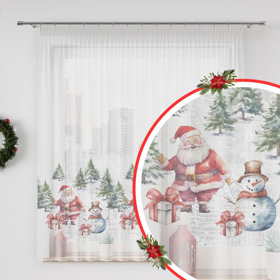 Krótka firana z woal z nadrukiem świątecznym, wysokość 157 cm, Mikołaj - sprzedawana na metry