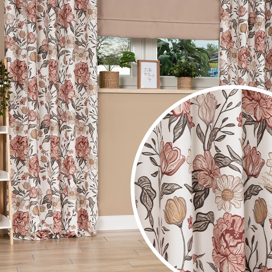 Biały welurowy materiał na zasłony z kolorowym nadrukiem, szerokość 150 cm, Kwiaty boho - sprzedawany na metry
