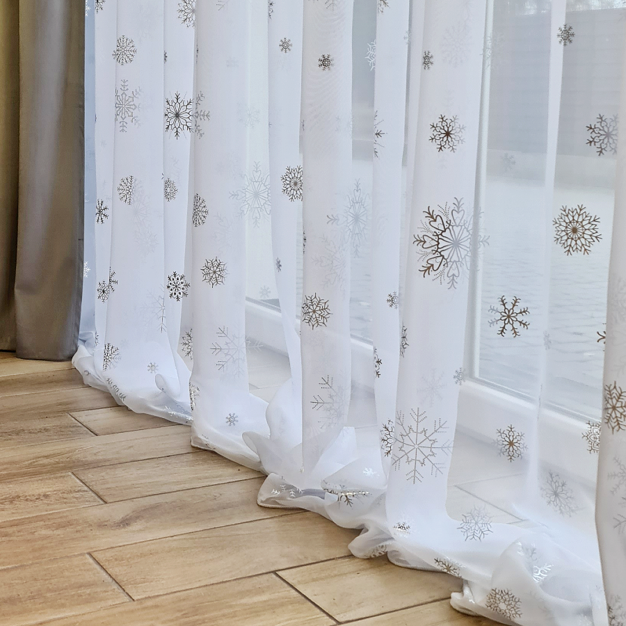 Firana świąteczna, woalowa z ołowianką na metry, wysokość 290 cm, płatki śniegu