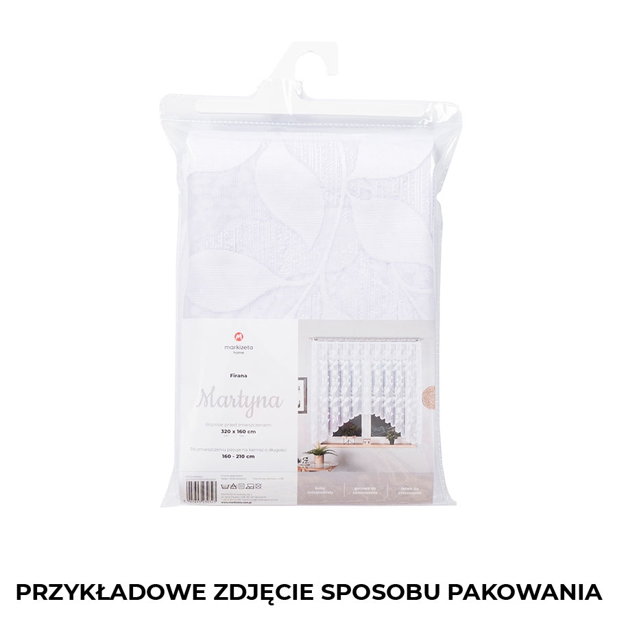 Wzorzysta krótka firanka żakardowa w liście, wykończona łukiem, rozmiar 420x160 cm, Martyna