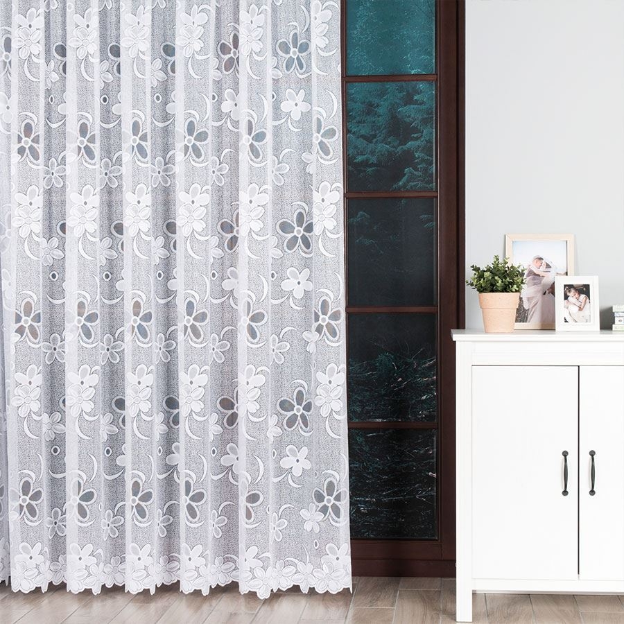 Firanka biała żakardowa ze wzorem kwiatowym po całości, kolor biały, wysokość 250 cm, 049885 - sprzedawana na metry