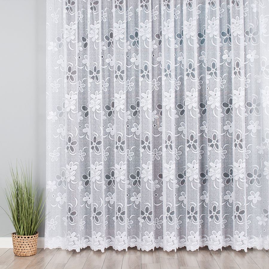 Firanka biała żakardowa ze wzorem kwiatowym po całości, kolor biały, wysokość 250 cm, 049885 - sprzedawana na metry