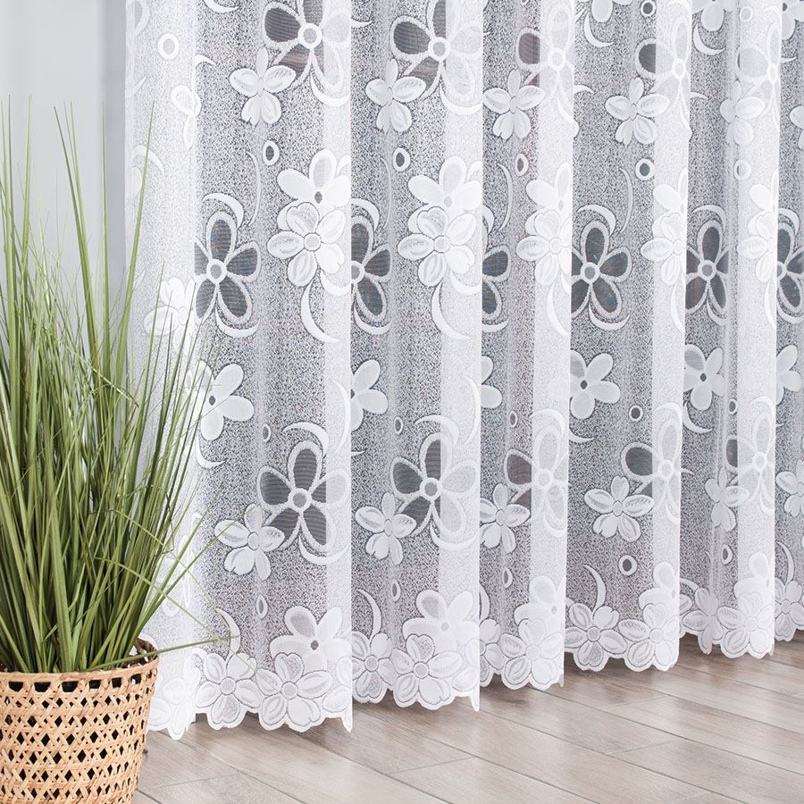 Firanka biała żakardowa ze wzorem kwiatowym po całości, kolor biały, wysokość 250 cm, 049885 - sprzedawana na metry