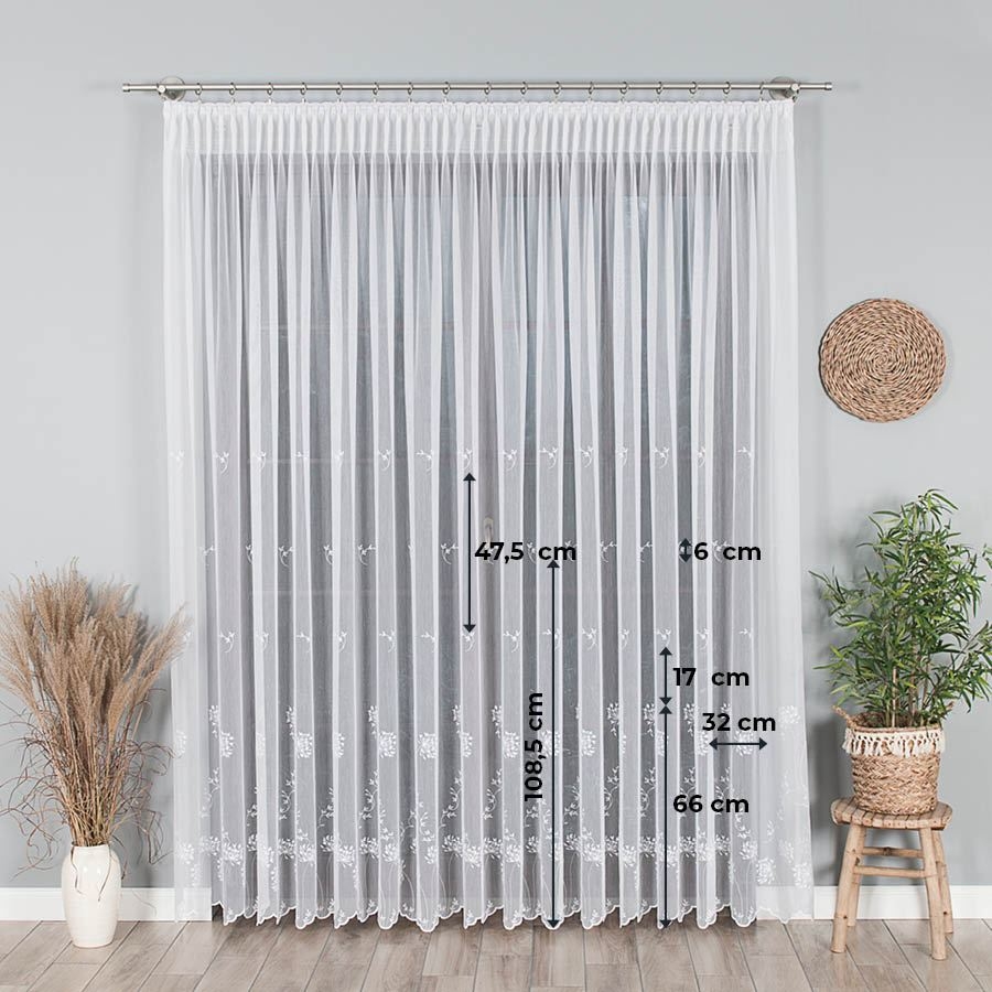 Długa firana haftowana w kwiatowy wzór, kolor biały, 053801, wysokość 280 cm - sprzedawana na metry
