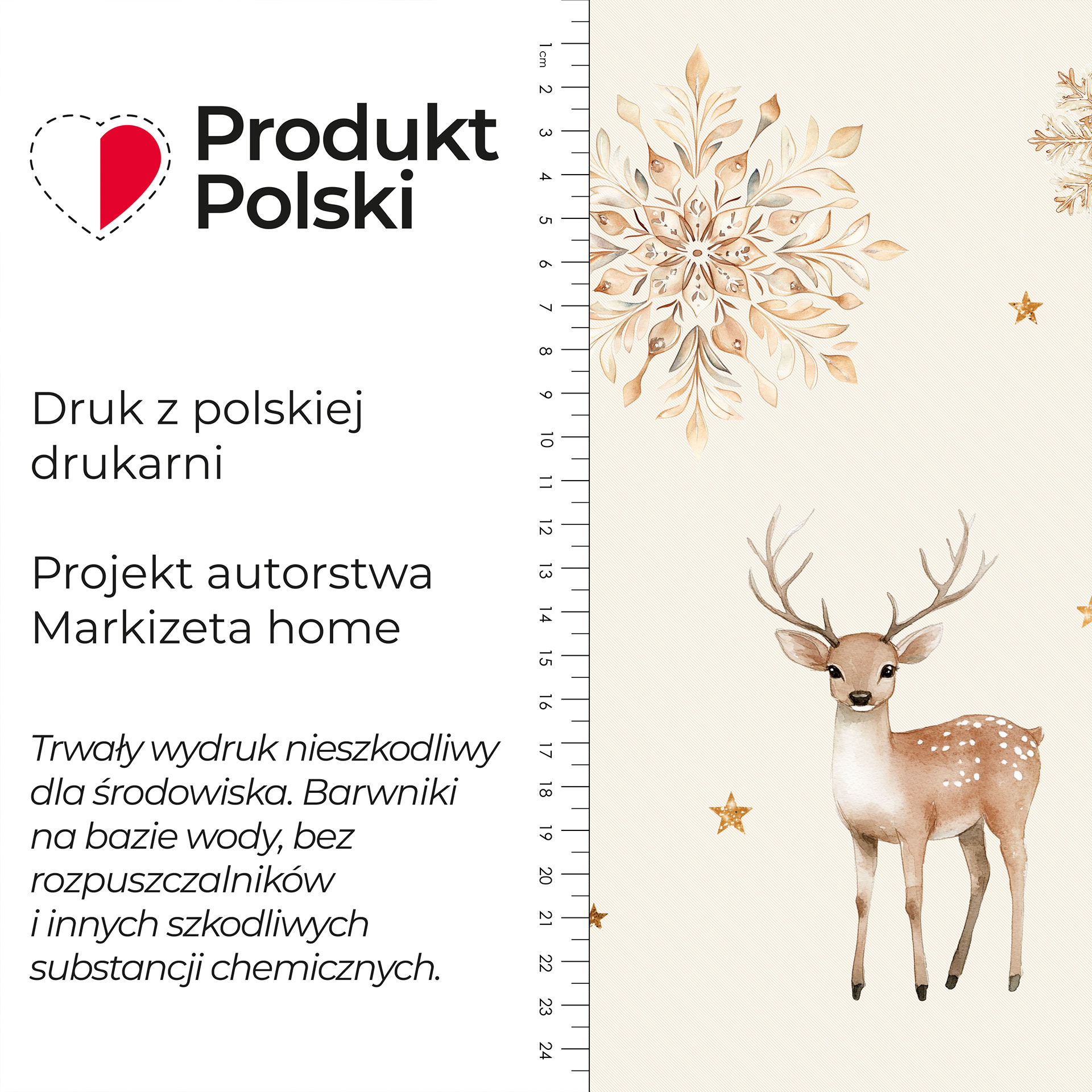 Wodoodporny materiał na zasłony lub obrusy,  kolor beżowy ze świątecznym nadrukiem,  szerokość 160 cm, Jelonki-Zimowa opowieść - sprzedawany na metry