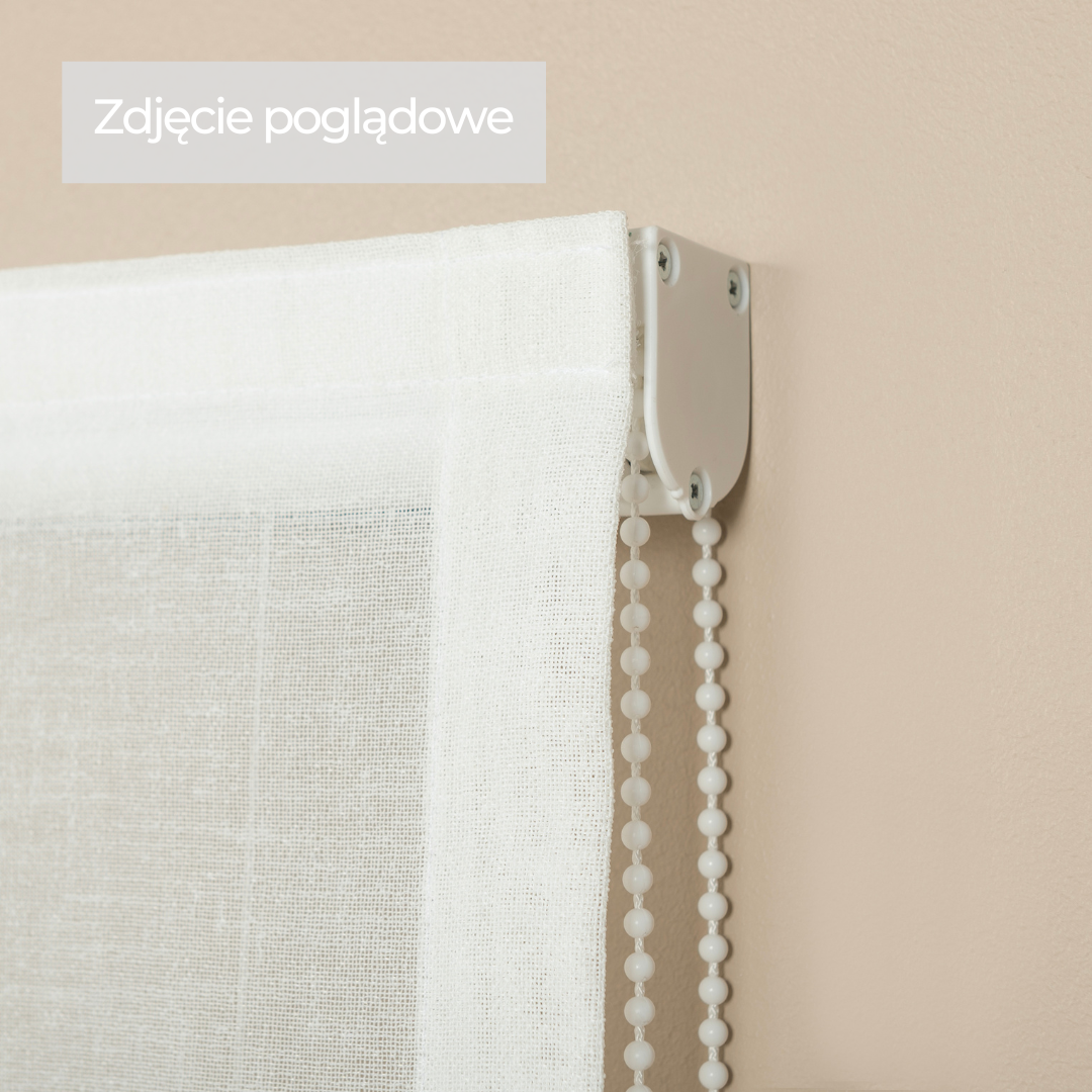 Roleta rzymska z tkaniny dekoracyjnej, biała z granatowo-srebrnym zdobieniem, szerokość 140 cm - szyta na wymiar