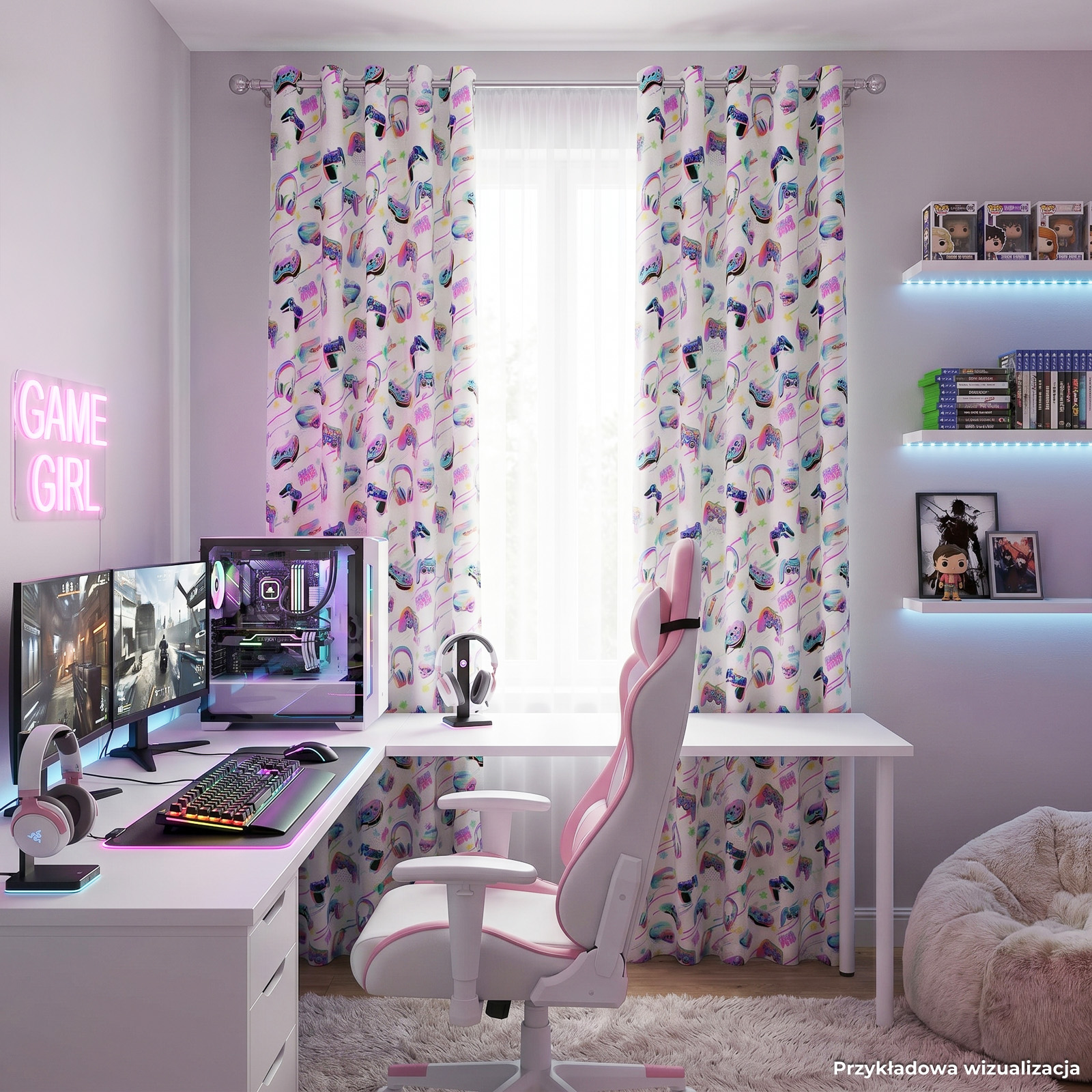 Welwetowy biały materiał na zasłony z gamingowym nadrukiem szer. 150 cm Gamer - na metry