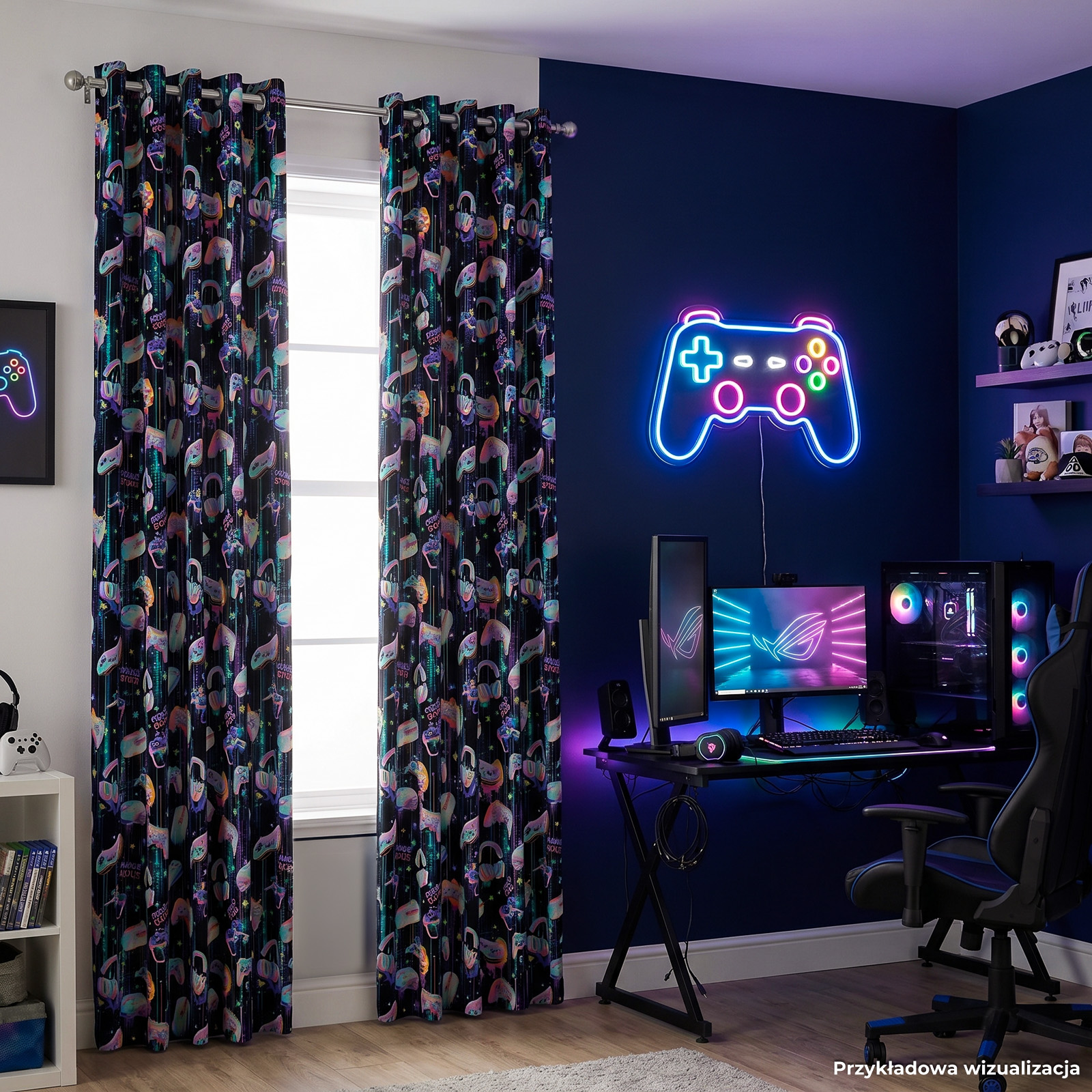 Welwetowy materiał na zasłony z gamingowym nadrukiem szer. 150 cm Gamer - na metry