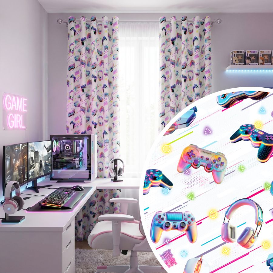 Welwetowy biały materiał na zasłony z gamingowym nadrukiem szer. 150 cm Gamer - na metry