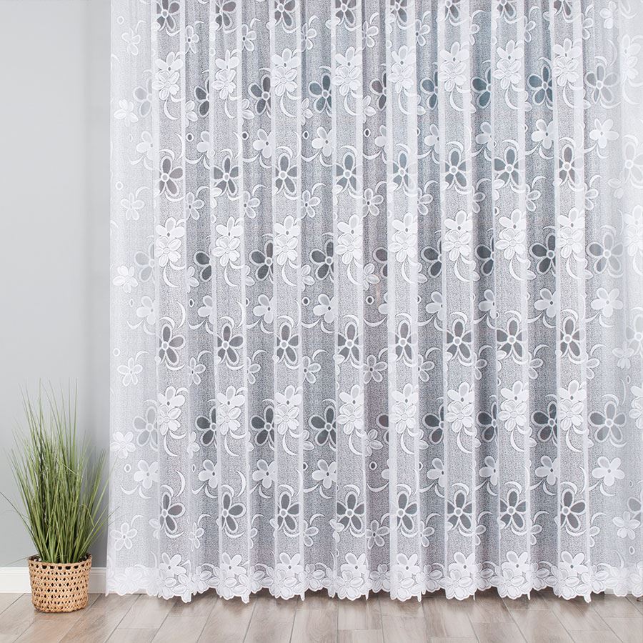 Firanka biała żakardowa ze wzorem kwiatowym po całości, kolor biały, wysokość 250 cm, 049885 - sprzedawana na metry