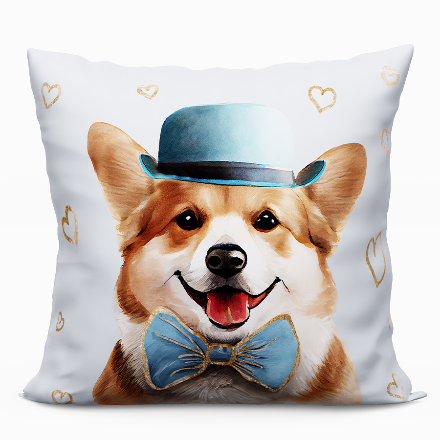 Poduszka z wypełnieniem silikonowym z mikrofibry z drukowanym motywem pieska, rozmiar 40x40 cm, Corgi