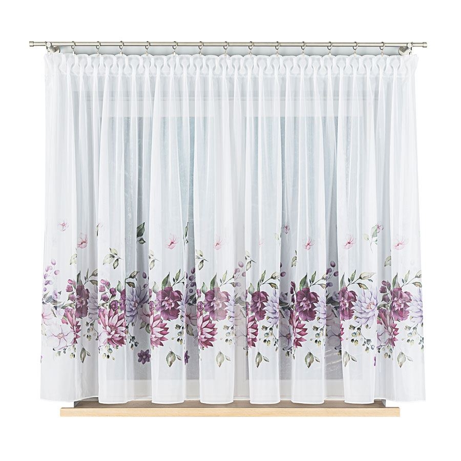 Firanka woalowa z ołowianką, drukowana w fioletowe kwiaty, wysokość 157 cm, Dalia - sprzedawana na metry