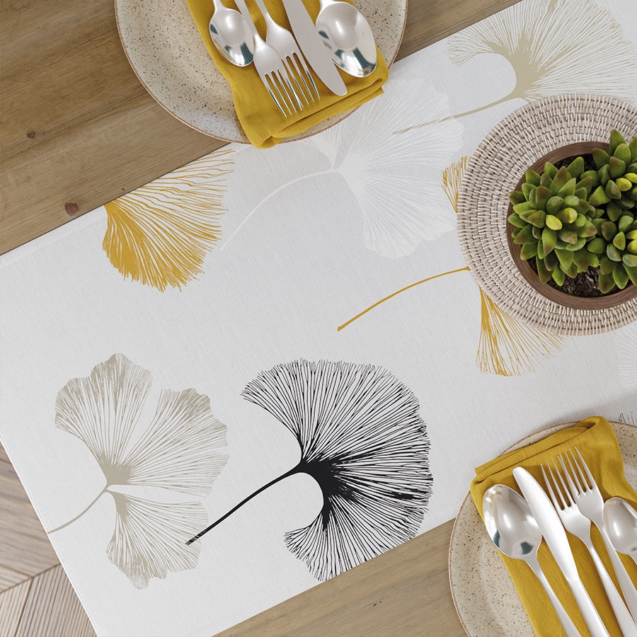 Wodoodporny materiał na obrusy lub zasłony, nadruk w kolorze szaro-musztardowym, szerokość  160 cm, Ginko Bilboa - sprzedawany na metry