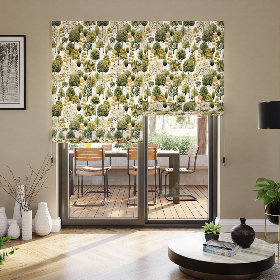 Materiał velvet na zasłony, drukowany w odcieniu żółtym, szerokość 150 cm, Arborea - sprzedawany na metry