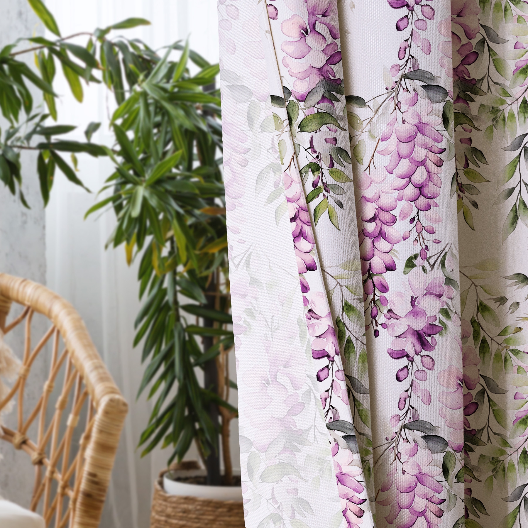 Welurowy materiał na zasłony, biały z kolorowym nadrukiem, szerokość 150 cm, Wisteria - sprzedawany na metry