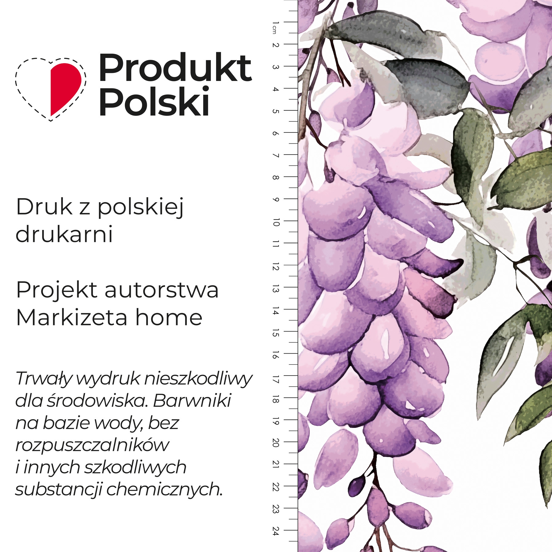 Welurowy materiał na zasłony, biały z kolorowym nadrukiem, szerokość 150 cm, Wisteria - sprzedawany na metry