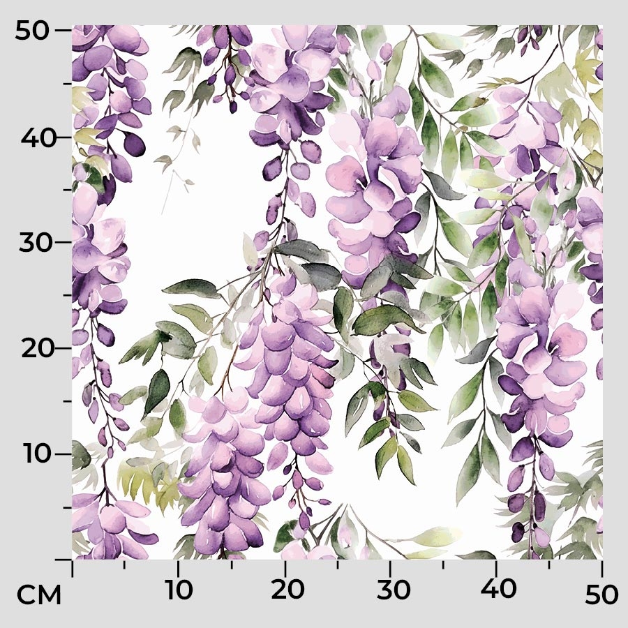Welurowy materiał na zasłony, biały z kolorowym nadrukiem, szerokość 165 cm, Wisteria - sprzedawany na metry 