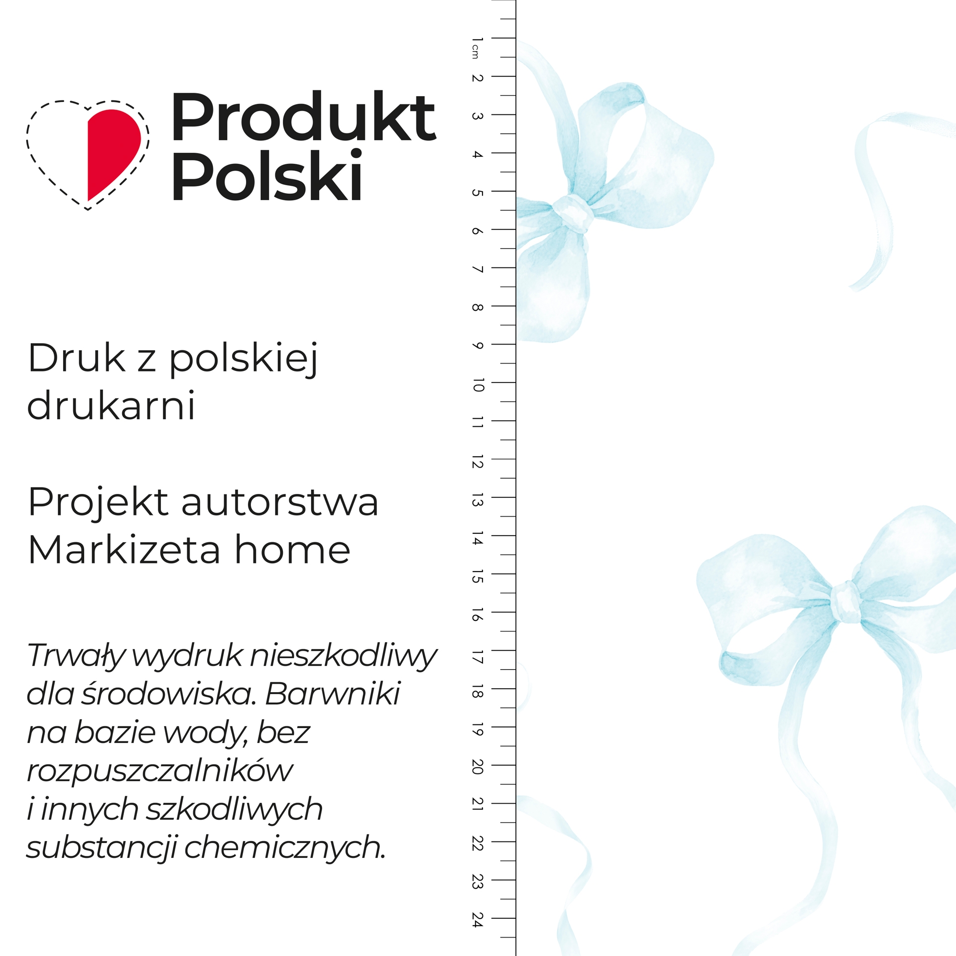 Materiał na zasłony do pokoju dziecięcego, biały welur z jasnoniebieskim nadrukiem, szerokość 165 cm, Kokardy sprzedawany na metry