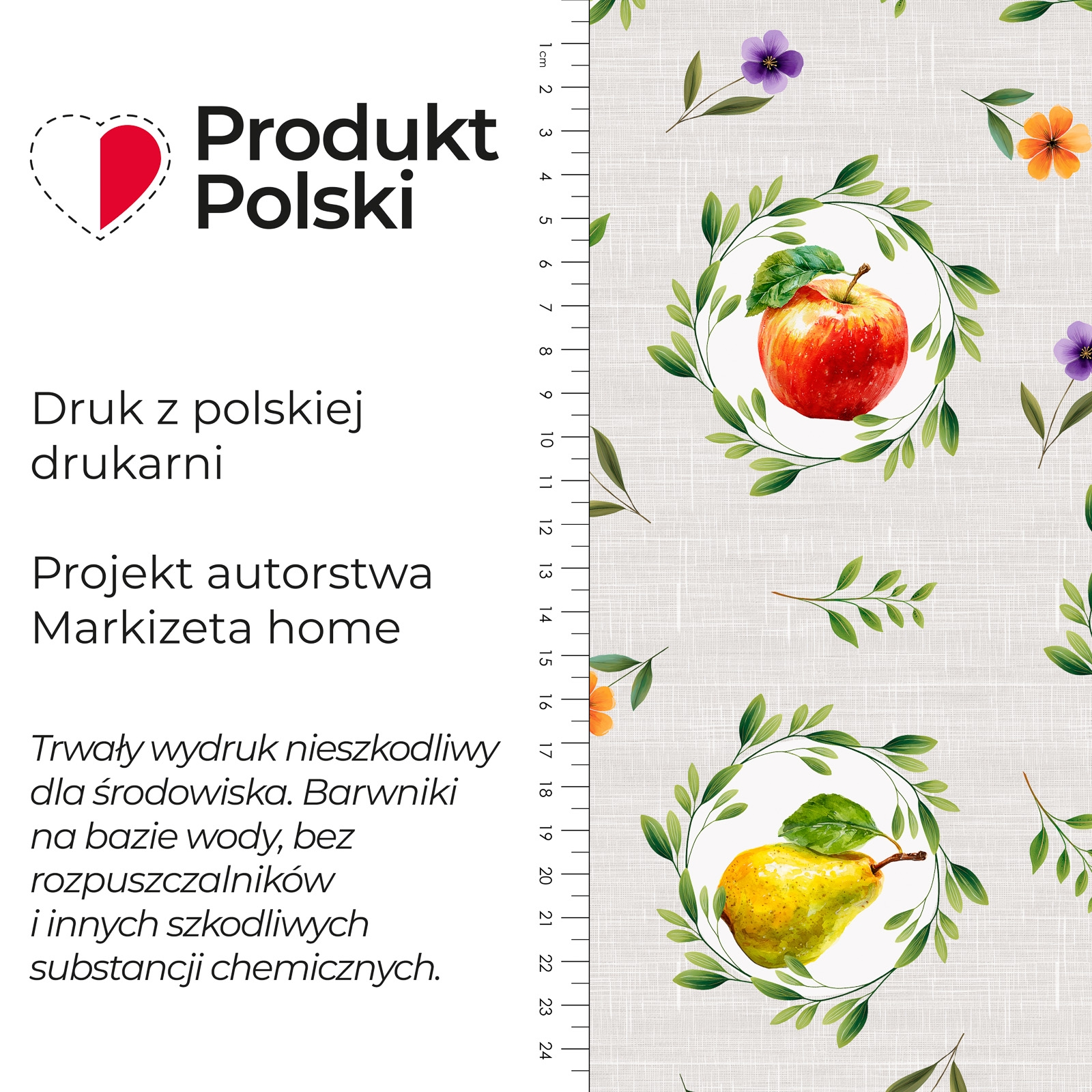 Wodoodporny materiał na obrusy zasłony kolorowy nadruk na szaro-beżowym tle Szerokość 160 cm Owocowy Grill - na metry