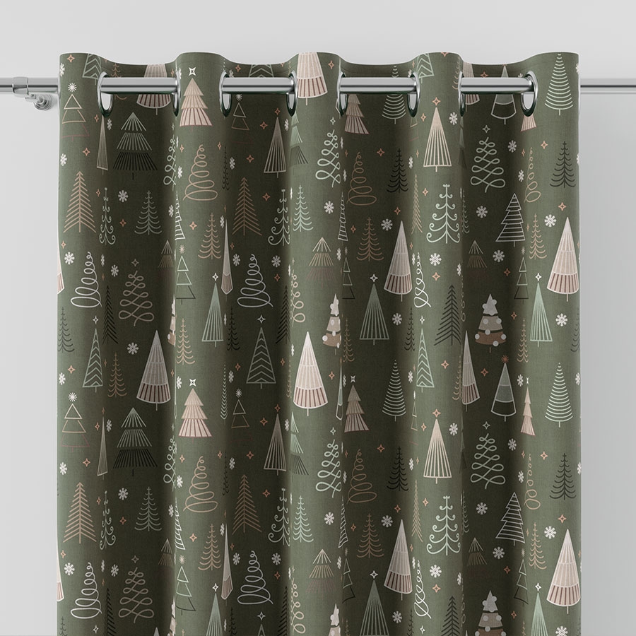 Wodoodporny materiał na zasłony lub obrusy z nadrukiem w kolorze zielonym, szerokość 160 cm, Geometryczne choinki - sprzedawany na metry