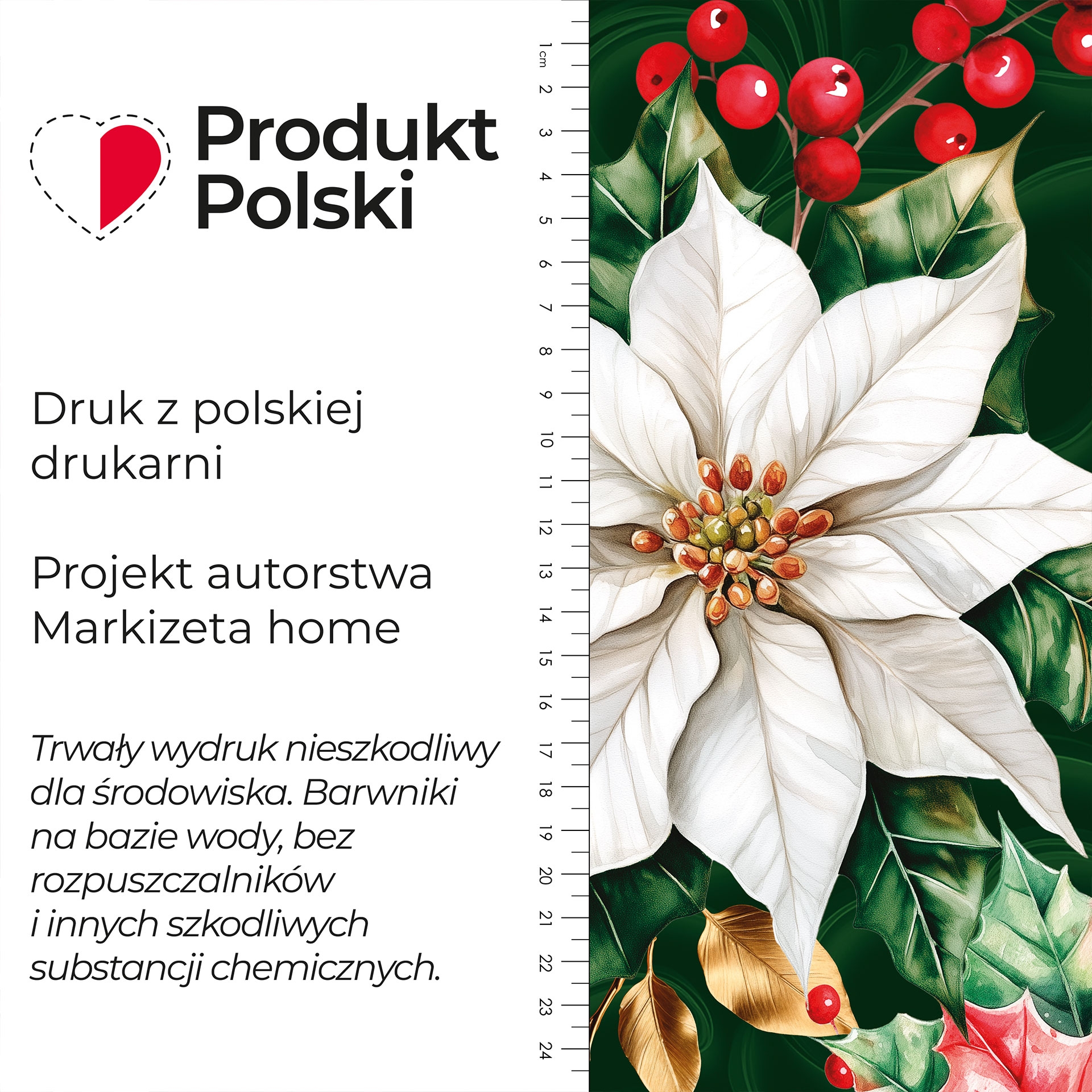 Wodoodporny materiał na zasłony lub obrusy, świąteczny nadruk na ciemnozielonym tle, szerokość 160 cm, Gwiazda Betlejemska