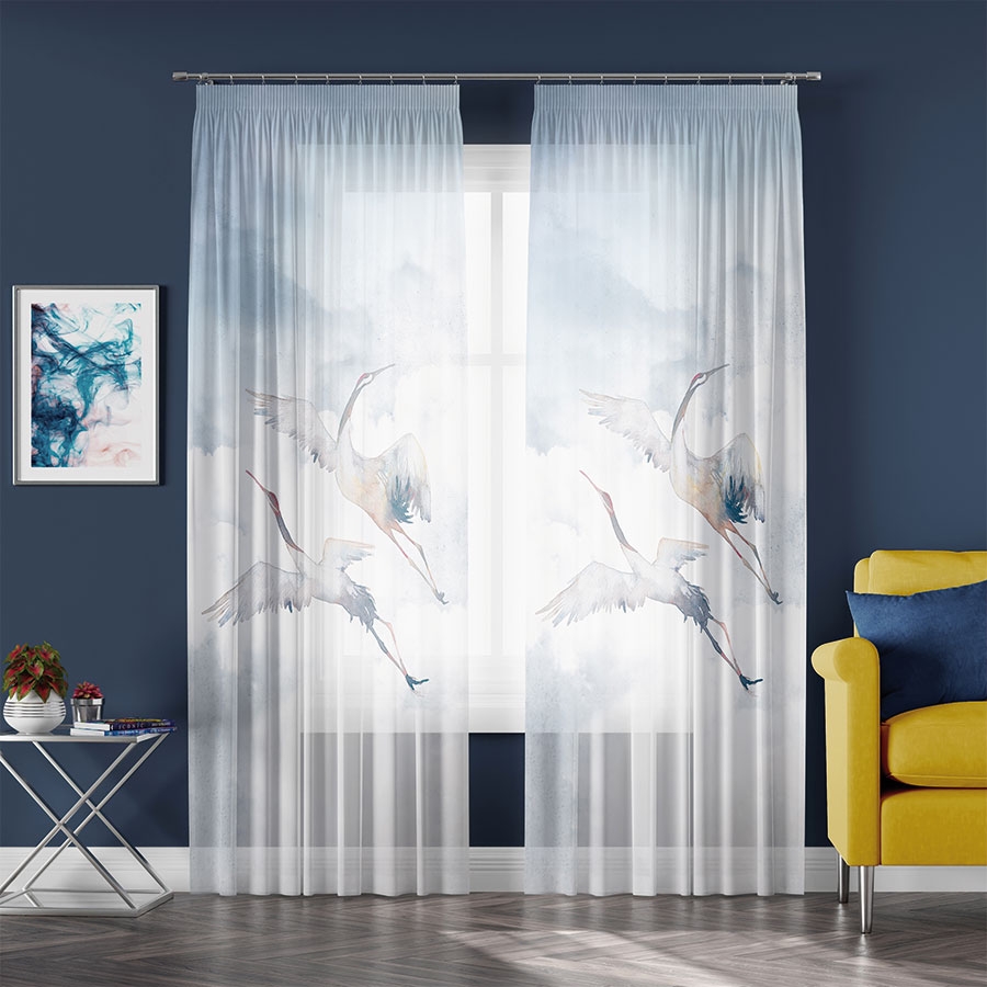 Zasłona dekoracyjna gotowa z woalu na taśmie, z kolorowym nadrukiem, rozmiar 140x250 cm, Żurawie