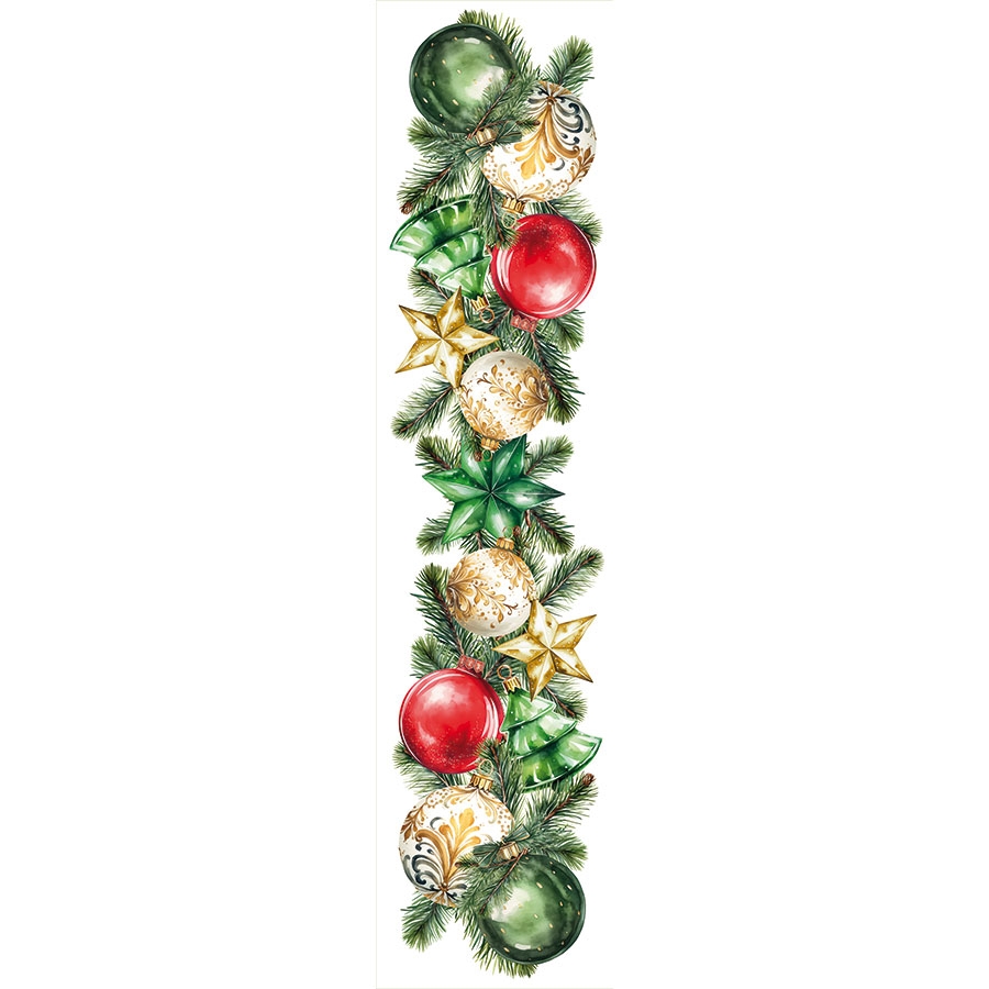 Bieżnik/nakładka z białej tkaniny wodoodpornej z kolorowym świątecznym nadrukiem, rozmiar 38x160 cm, Bombki
