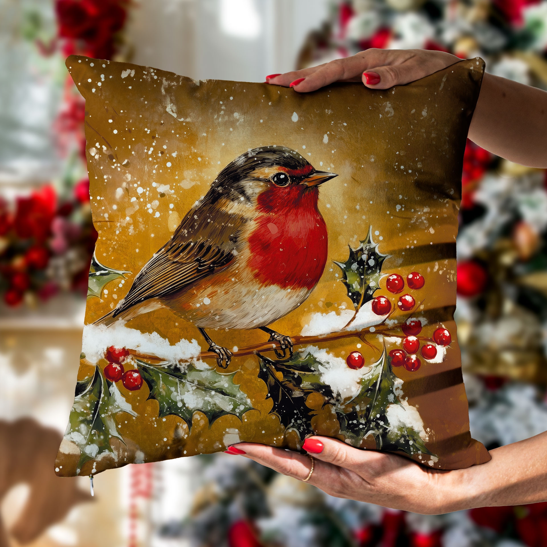Welwetowa poszewka dekoracyjna ze złoto brązowym nadrukiem, rozmiar 40x40 cm, Elegancki rudzik