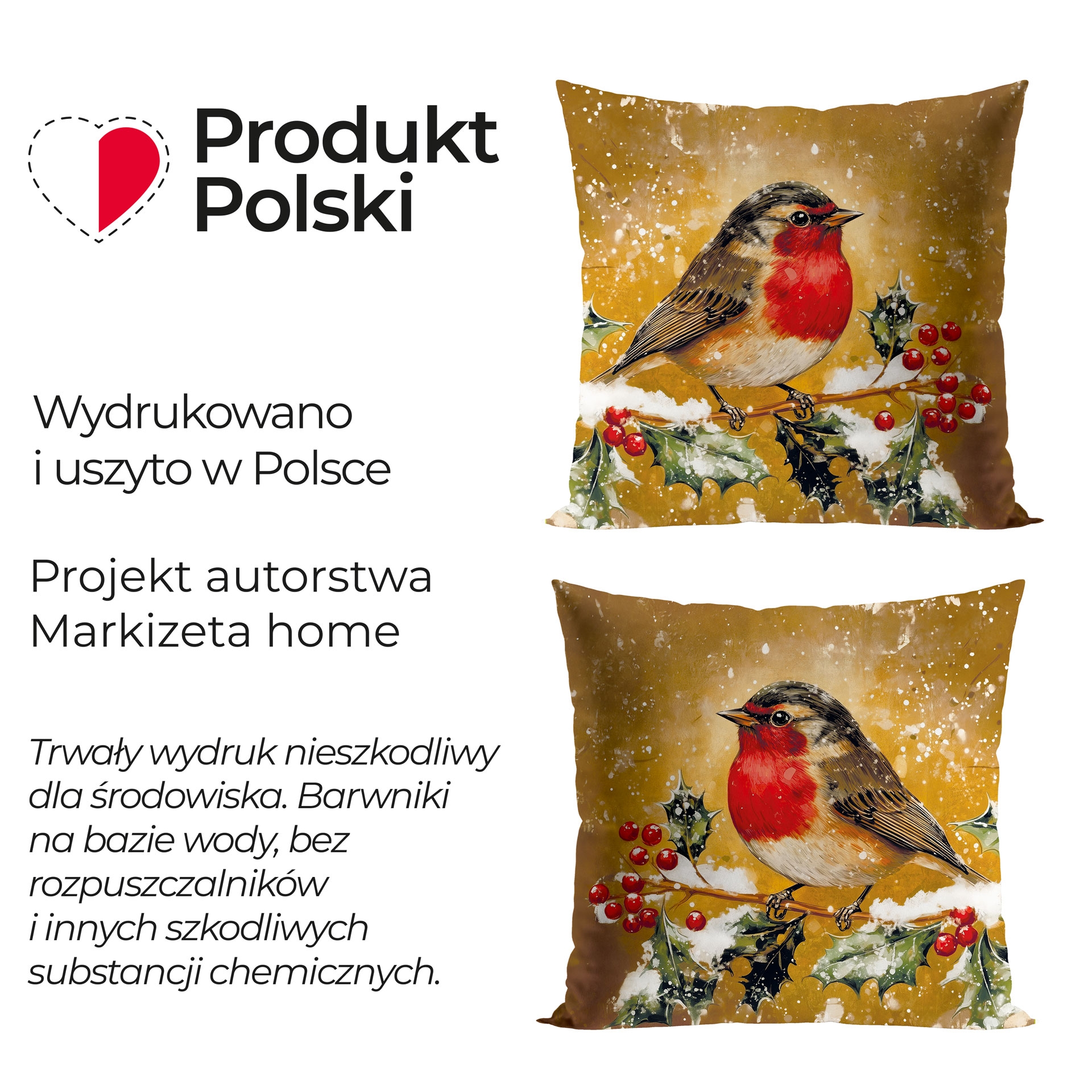 Welwetowa poszewka dekoracyjna ze złoto brązowym nadrukiem, rozmiar 40x40 cm, Elegancki rudzik