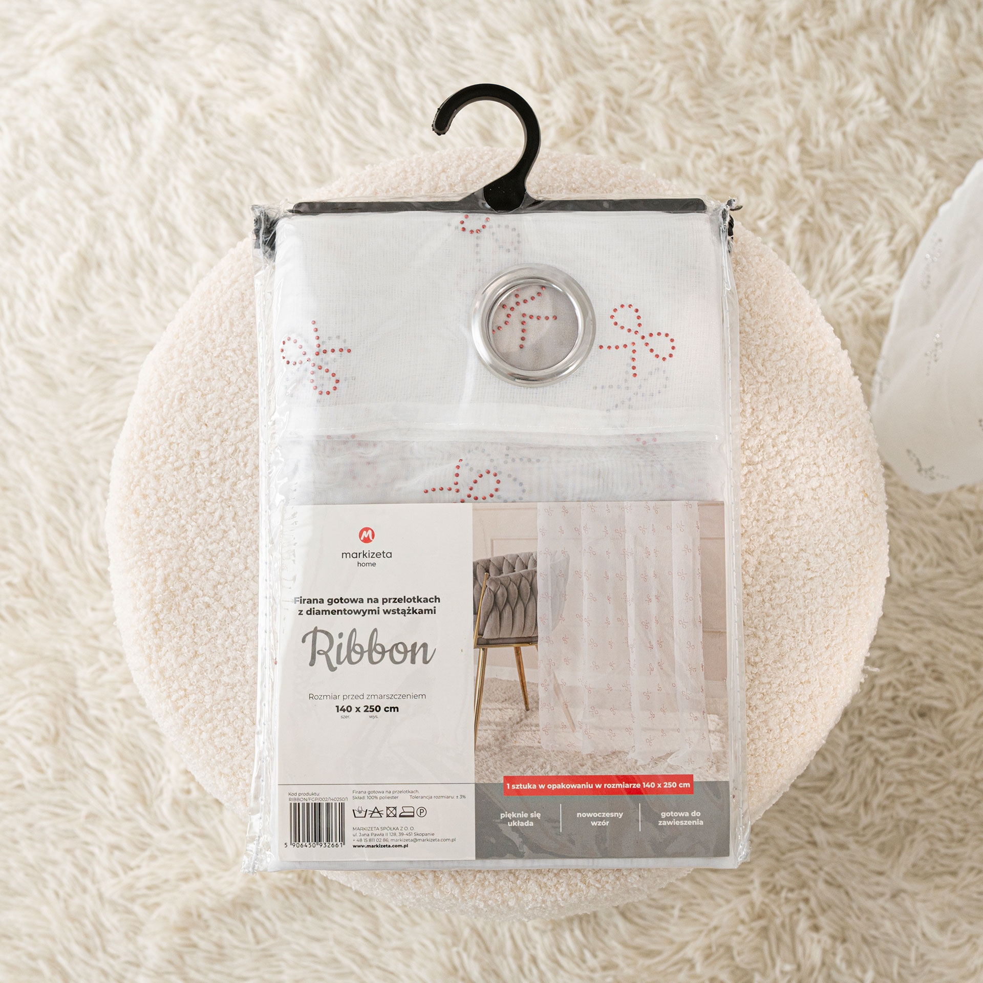 Firana do salonu na taśmie woal z cyrkoniami w diamentowe srebrne kokardki wstążki Ribbon 140x250 cm