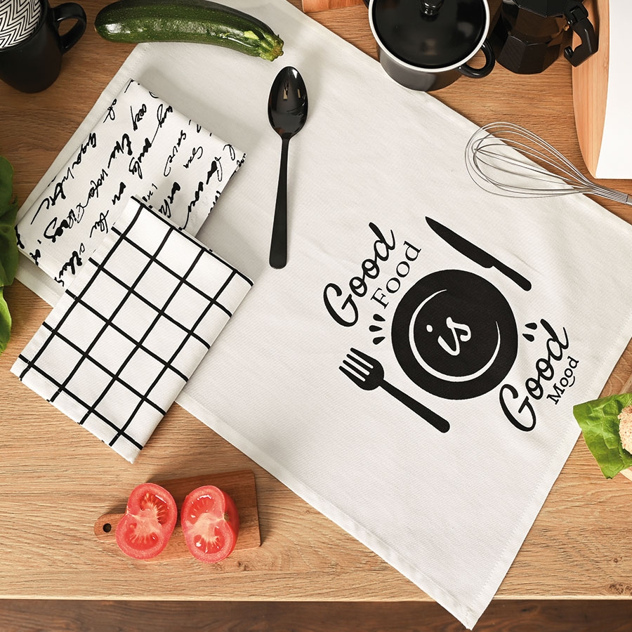 Zestaw 3 ścierek kuchennych Good Food Good Mood, rozmiar 40x60 cm, kolor czarno biały