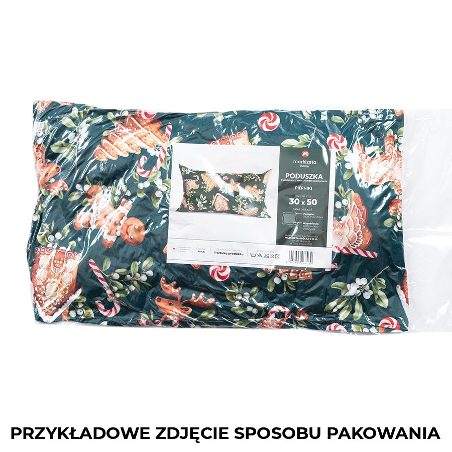 Dekoracyjna poduszka świąteczna, dwustronny nadruk w zielonym kolorze, rozmiar 30x50 cm, Pierniki