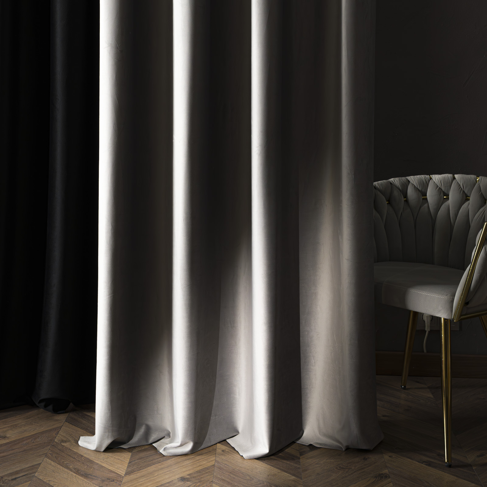 Zasłona do salonu premium welwet 80% zaciemnienia na taśmie jasny szary, wys. 230-250 cm