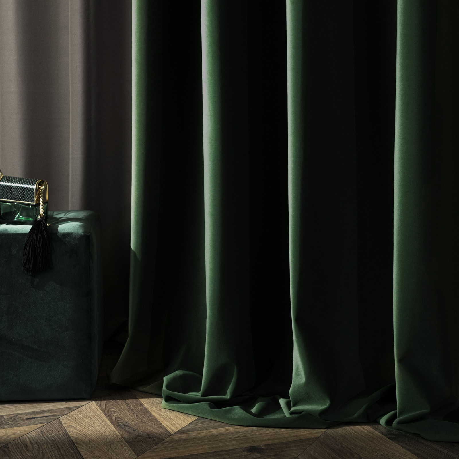 Zasłona do salonu premium welwet 80% zaciemnienia na przelotkach butelkowa zieleń, wys. 230-250 cm