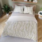 Komplet pościeli z bawełny satynowej, białej z nadrukiem wijących się listków, rozmiar 220x200 cm, Rima