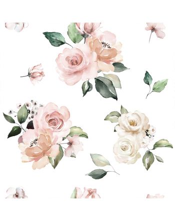 Biała tkanina zasłonowa z nadrukiem w różowe kwiaty, szerokość 140 cm, Lanosa - sprzedawana na metry