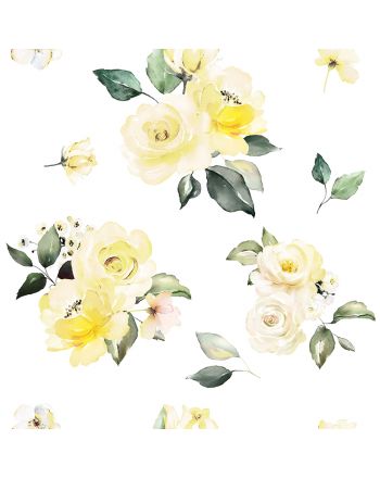Biała tkanina zasłonowa drukowana w żółte kwiaty, szerokość 140 cm, Lanosa -  sprzedawana na metry