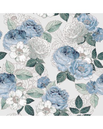Zasłona w niebieskie kwiaty ze srebrnym zdobieniem, szerokość 140 cm