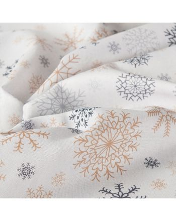 Świąteczna tkanina dekoracyjna na metry ze śnieżynkami, kolor srebrno-złoty