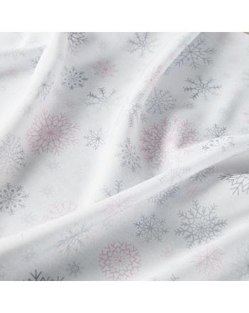 Świąteczna tkanina dekoracyjna na metry ze śnieżynkami, szerokość 155 cm, kolor srebrno-różowy