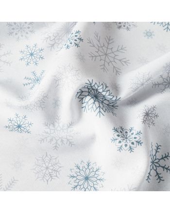 Świąteczna tkanina dekoracyjna na metry ze śnieżynkami, szerokość 155 cm, kolor srebrno-niebieski