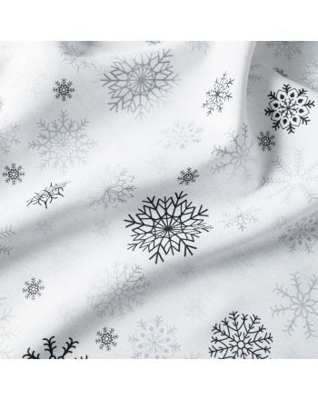 Świąteczna tkanina dekoracyjna na metry ze śnieżynkami, szerokość 155 cm, kolor srebrno-czarny