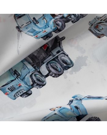Tkanina zasłonowa na metry do pokoju dziecięcego Pojazdy, szerokość 140 cm, kolor niebiesko-szary