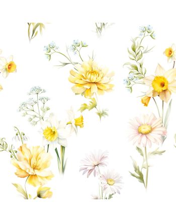Tkanina biała wodoodporna z nadrukiem kwiatów, szerokość 145 cm, Wiosenna polana - sprzedawana na metry