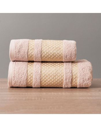 Pudrowo różowy ręcznik bawełniany Lionel ze złotą bordiurą