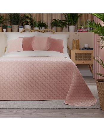 Pikowana welwetowa narzuta na łóżko, kolor pudrowy różowy