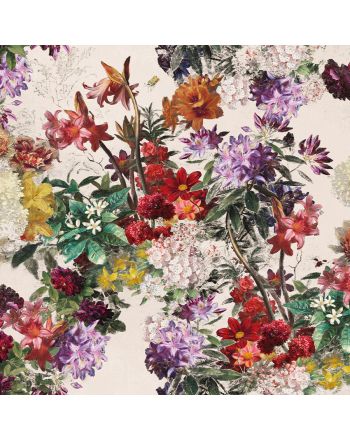 Tkanina zasłonowa velvet drukowana w kolorowe kwiaty, kolor beżowy, szerokość 150 cm, Azalia - sprzedawana na metry