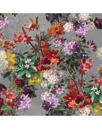 Szara tkanina zasłonowa velvet drukowana w kolorowe kwiaty, szerokość 150 cm, Azalia - sprzedawana na metry