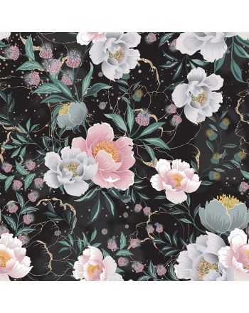 Czarna tkanina zasłonowa drukowana w różowo-szare kwiaty, szerokość 145 cm, Flaura - sprzedawana na metry