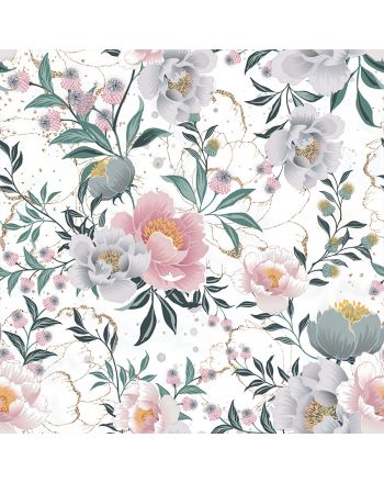 Biała tkanina zasłonowa drukowana w różowo-szare kwiaty, szerokość 145 cm, Flaura - sprzedawana na metry